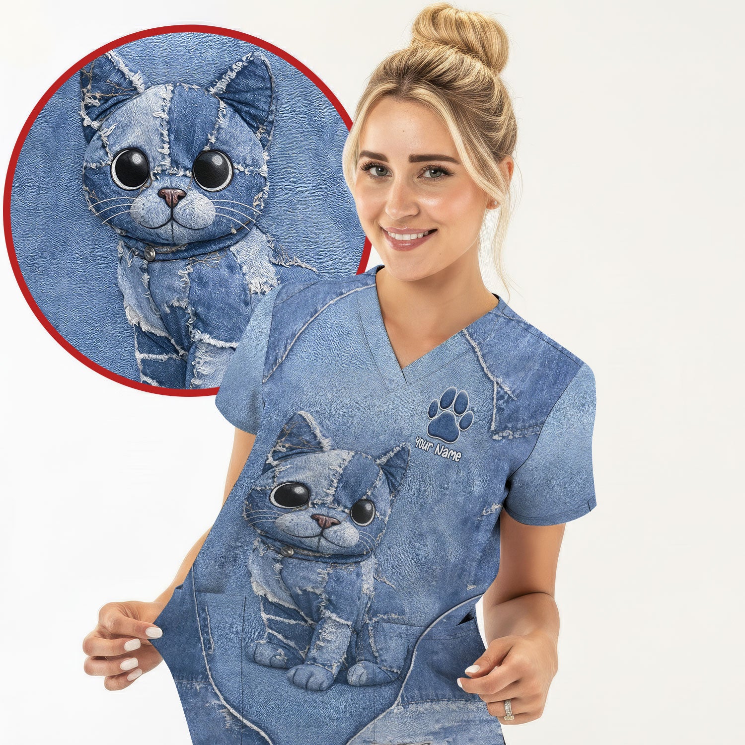 Personalized Patchwork Denim Cat Nurse Pattern Scrub Top, Breathable Fabrics Nursing Uniform
