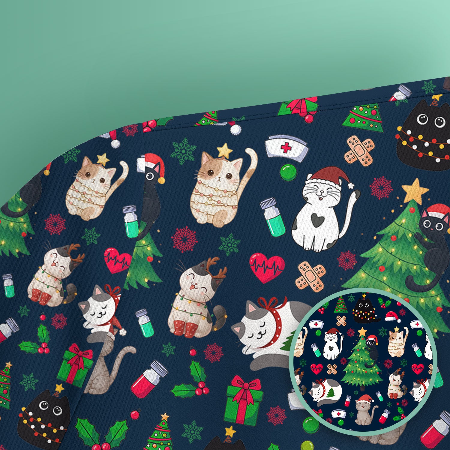 Christmas Cat Scrub Top, Xmas Pet Pattern Scrub Shirt, Breathable Fabrics Nursing Uniform