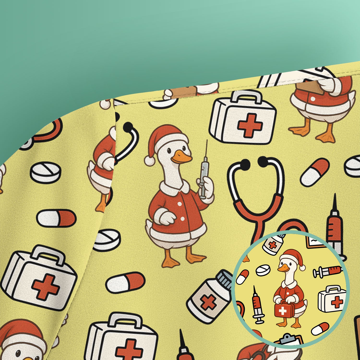 Santa Duck Nurse Scrubs - Christmas Print Medical Shirt for Women Men - Funny Holiday Scrub Top for RN CNA Doctor, Cute Xmas Gift