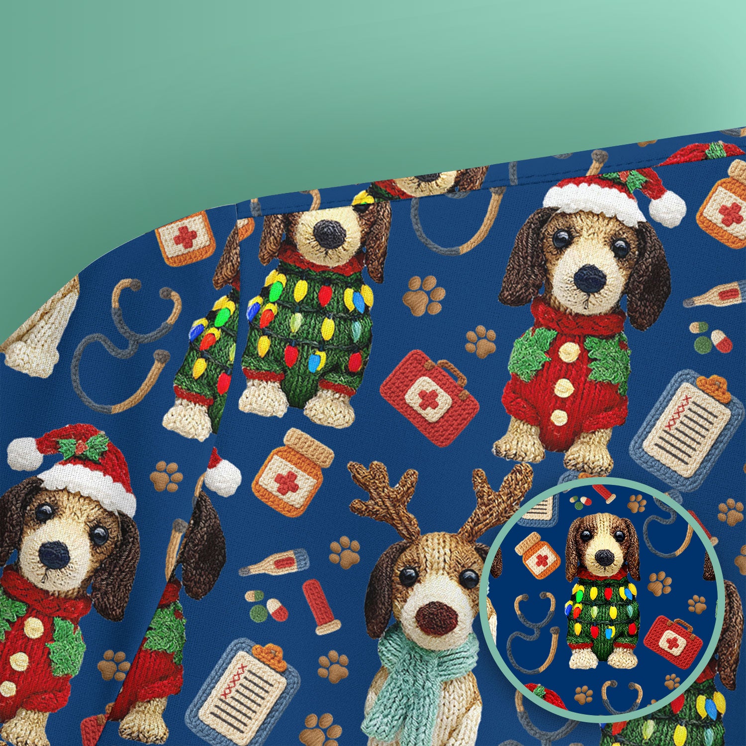 Christmas Doxie Scrubs for Women - Cute Dachshund Christmas Scrub Top for Nurses - Funny Medical Uniform Gift