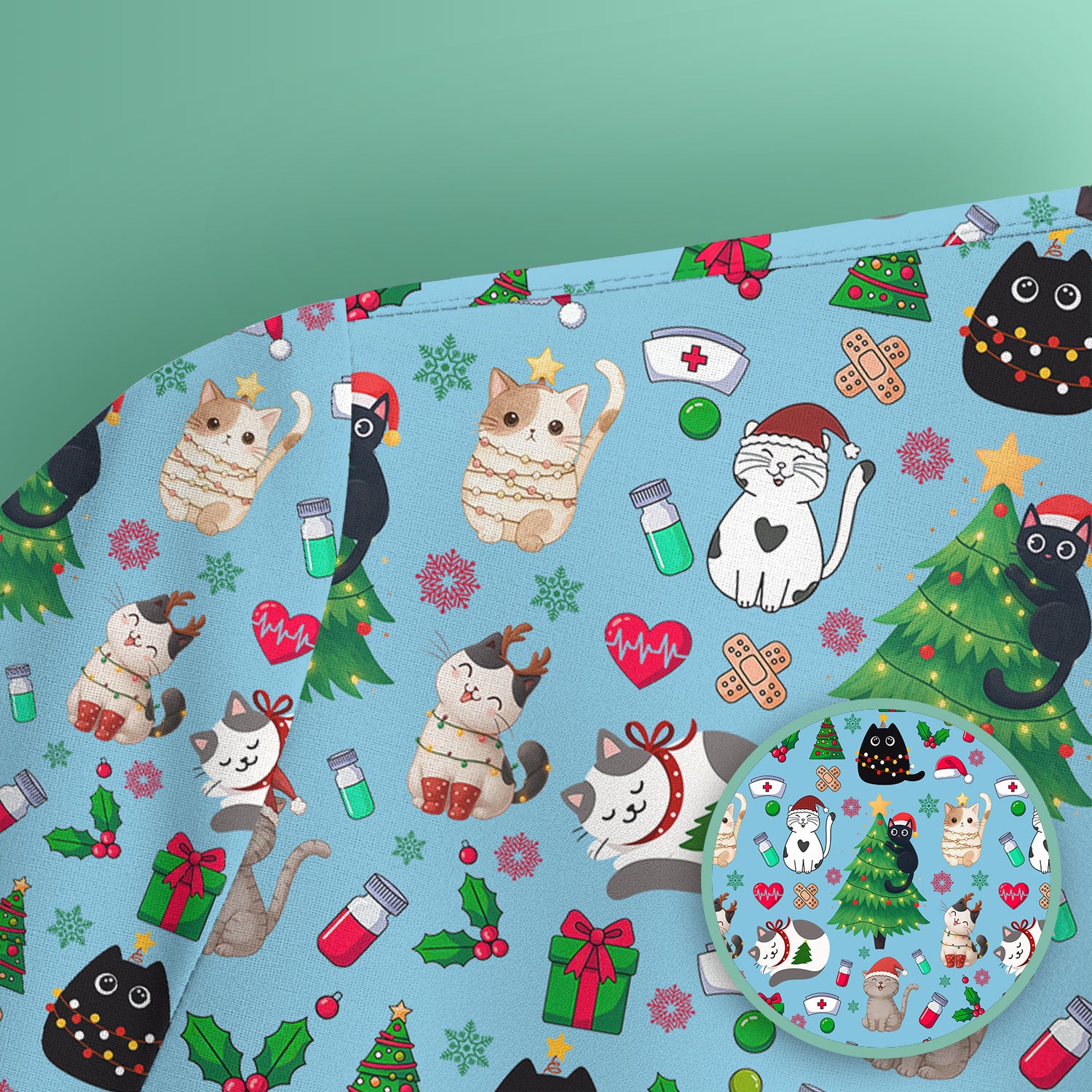 Christmas Cat Scrub Top, Xmas Pet Pattern Scrub Shirt, Breathable Fabrics Nursing Uniform