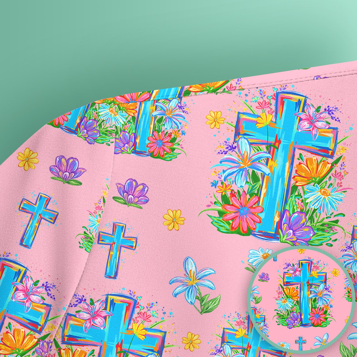 Christian Floral Cross Spring Pattern Scrub Top, Comfortable Scrubs for Nurses