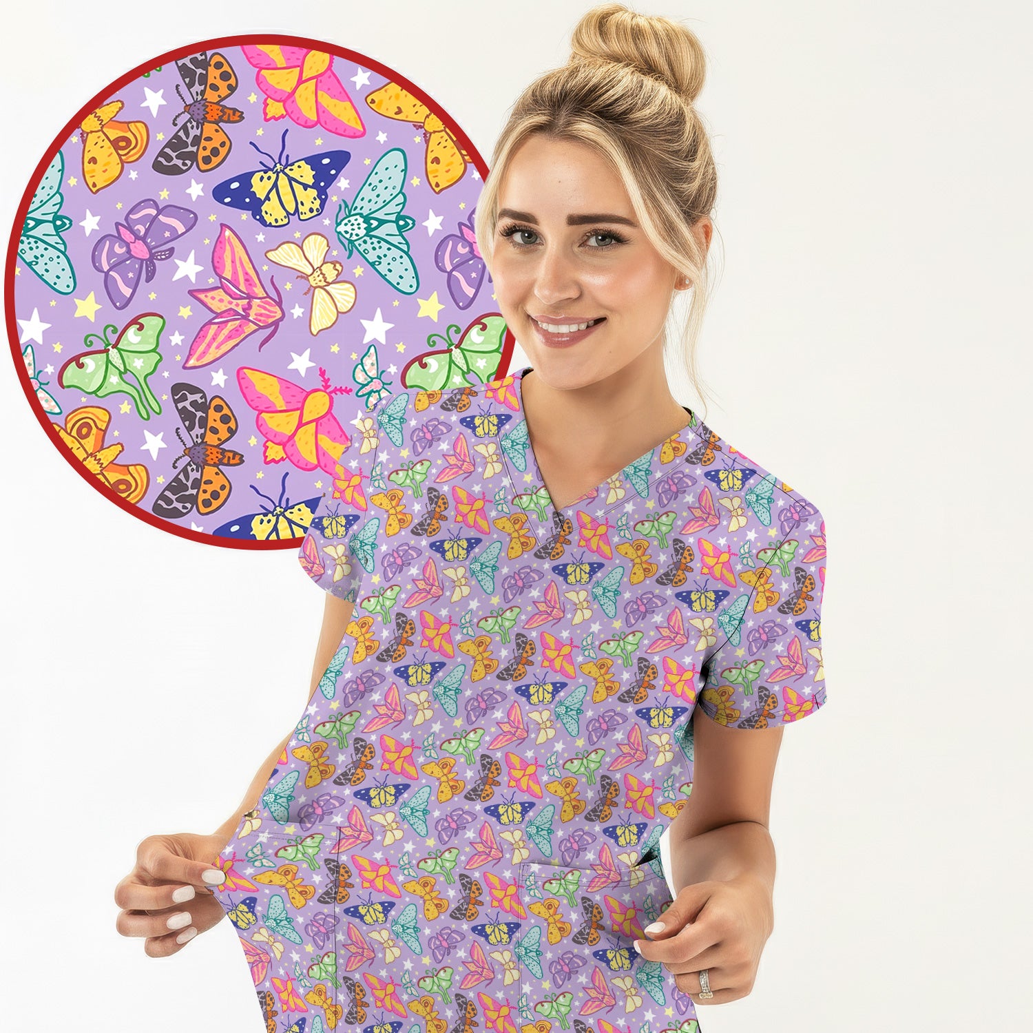 Colorful Butterfly Moth Garden Pattern Scrub Top, Comfortable Scrubs for Nurses