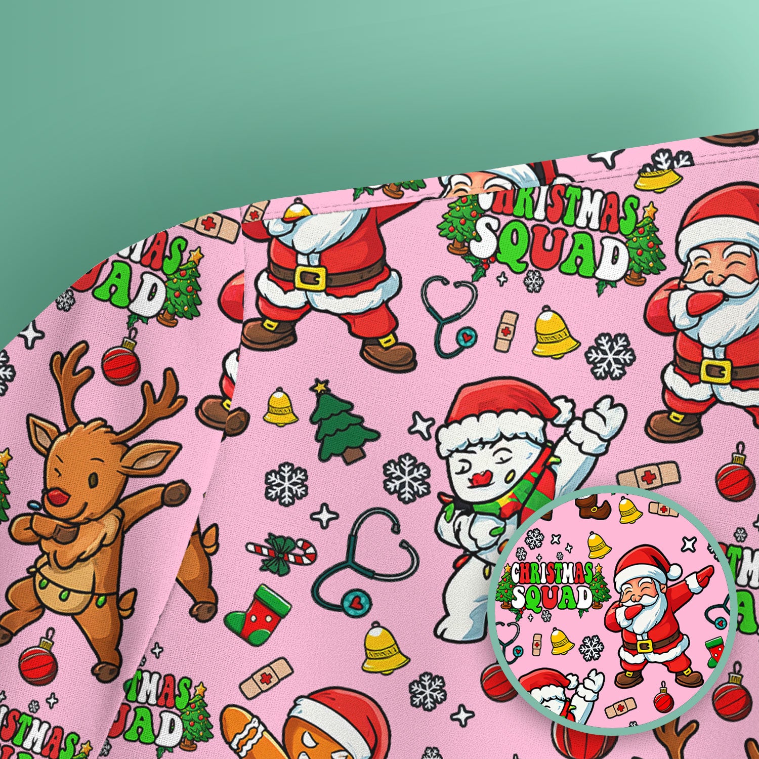 Christmas Squad Scrub Top - Dancing Santa, Reindeer & Elf Shirt - Funny Holiday Medical Uniform for Nurses, Doctors & Vet Techs