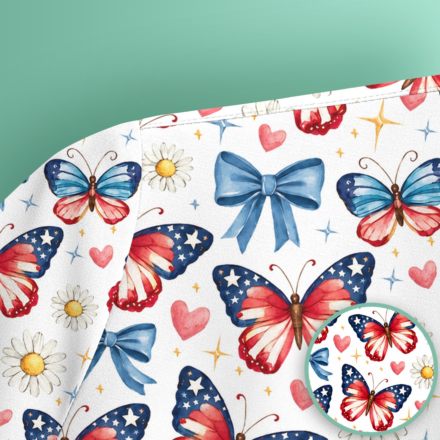 Patriotic Butterfly Bow Daisy Pattern Scrub Top, Comfortable Scrubs for Nurses
