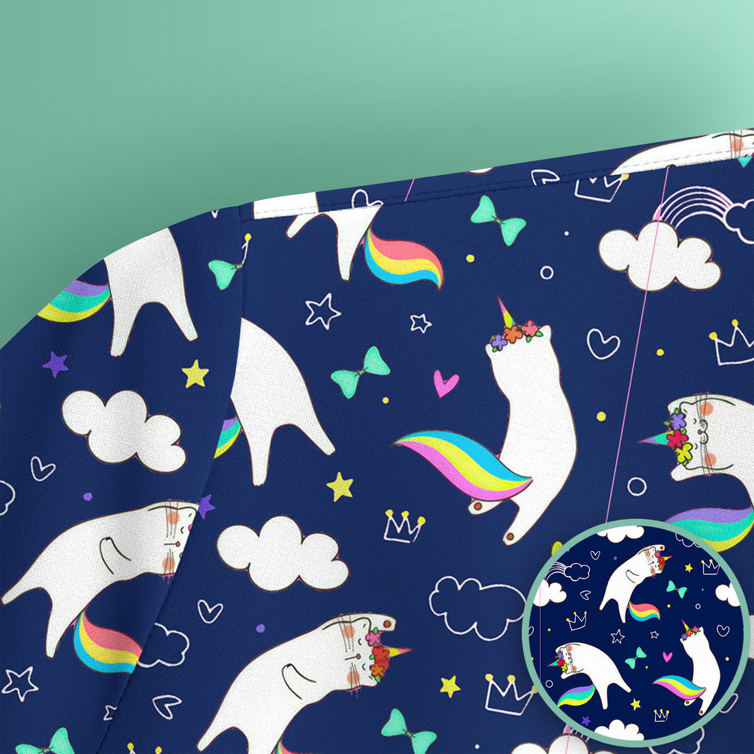 Unicorn Cat With Rainbow Tail Clouds Scrub Top, Colorful Gothic Nurse Scrubs Uniform