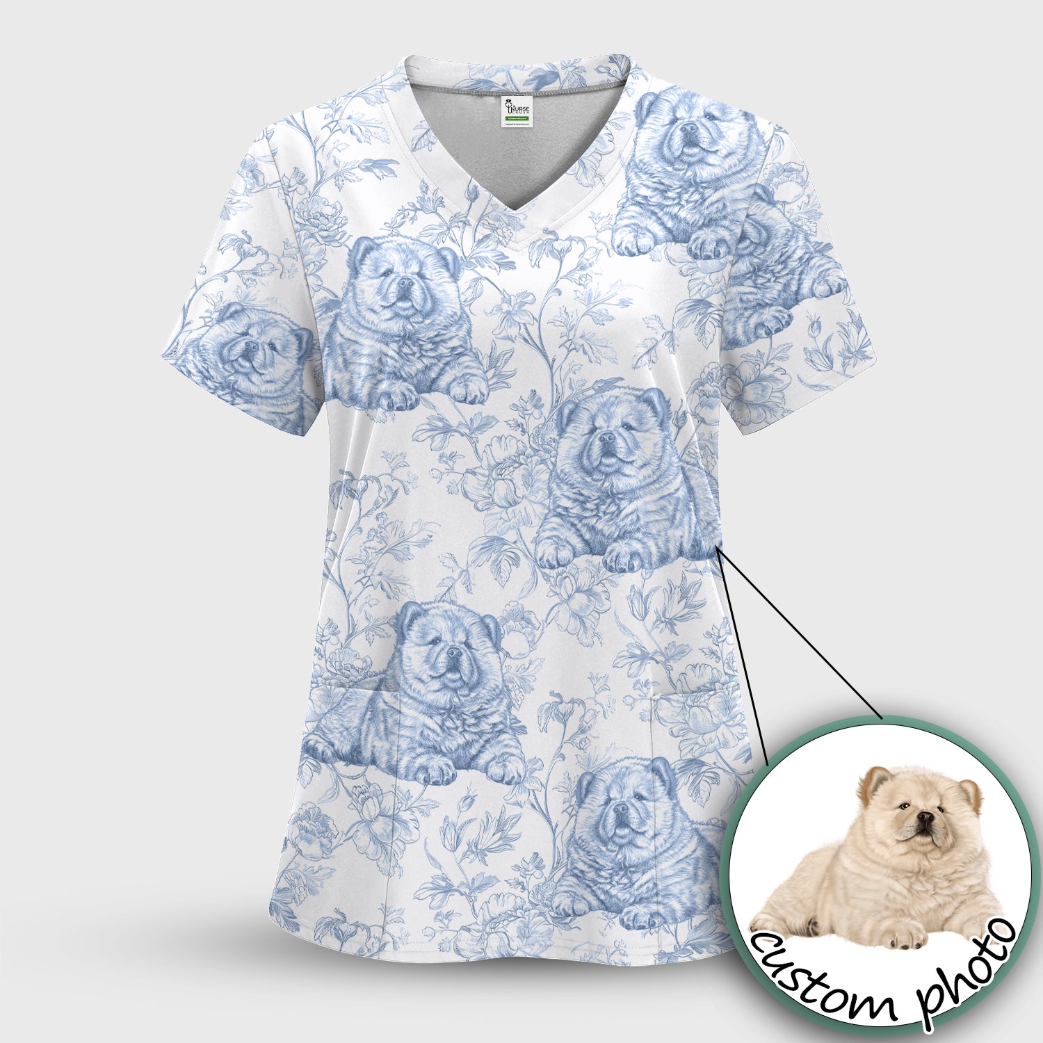 Custom Dog Cat Style Chinoiserie Pattern Scrubs Top, Comfortable Scrubs for Nurses