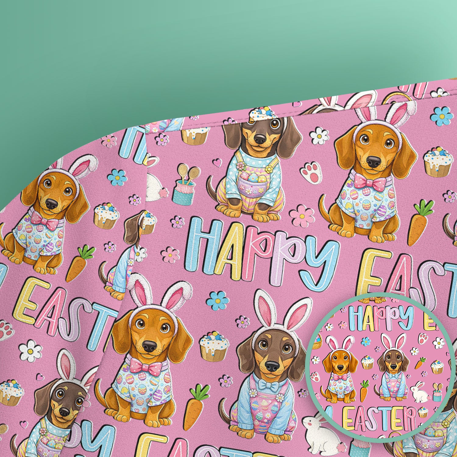 Happy Easter Dachshund Bunny Print Scrub Top, Comfortable Scrubs for Nurses