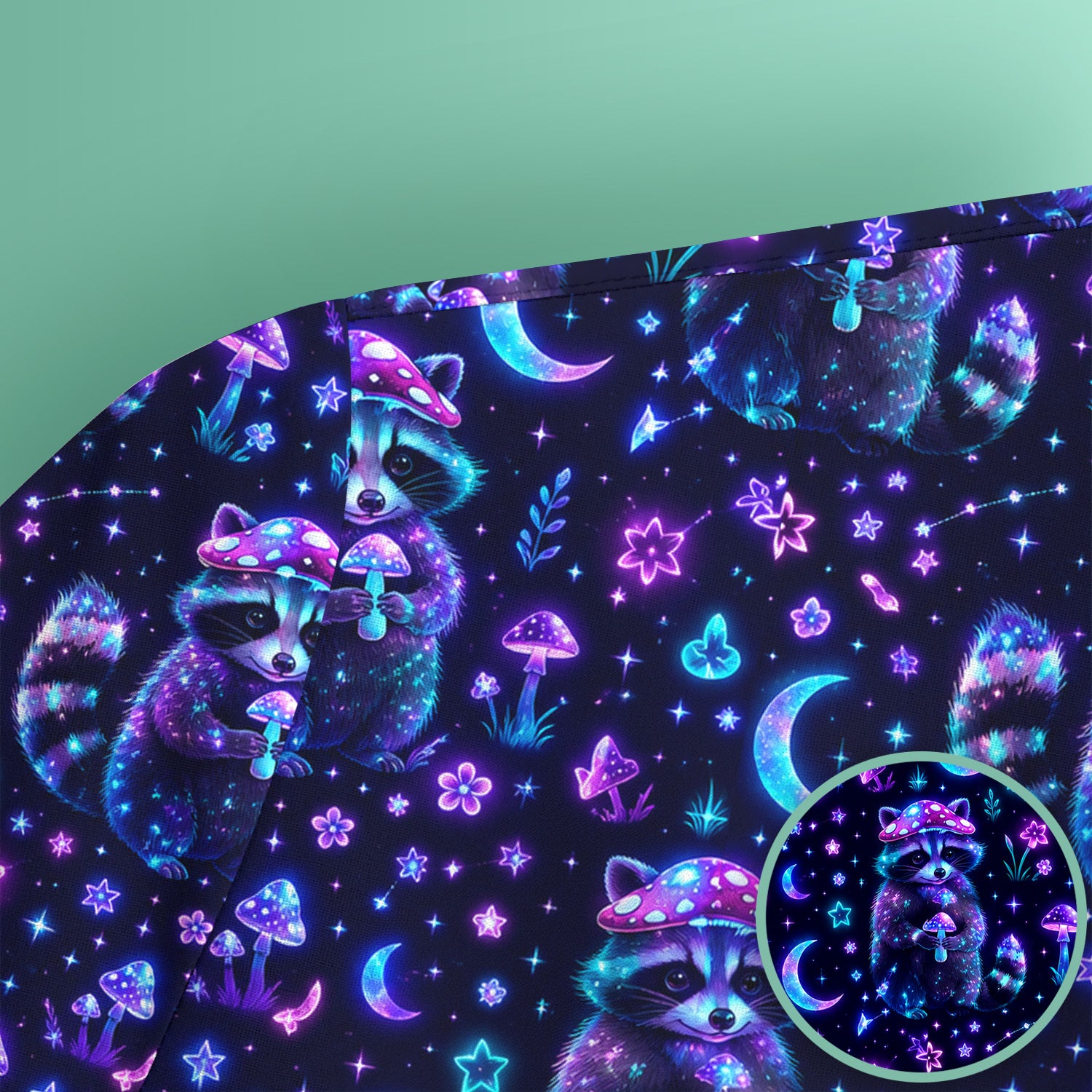 Neon Mushroom Raccoon Moonlight Pattern Scrub Top, Comfortable Scrubs for Nurses