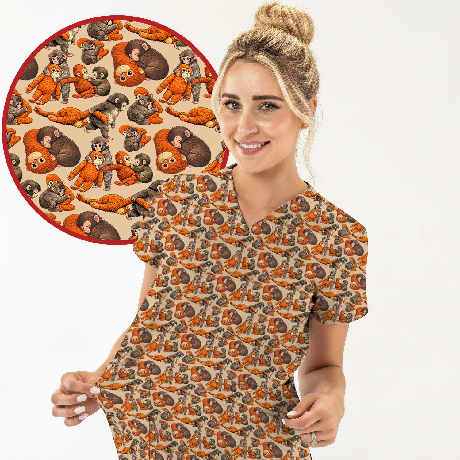 Funny Baby Monkeys With Cute Poses Pattern Scrubs Top, Comfortable Scrubs for Nurses