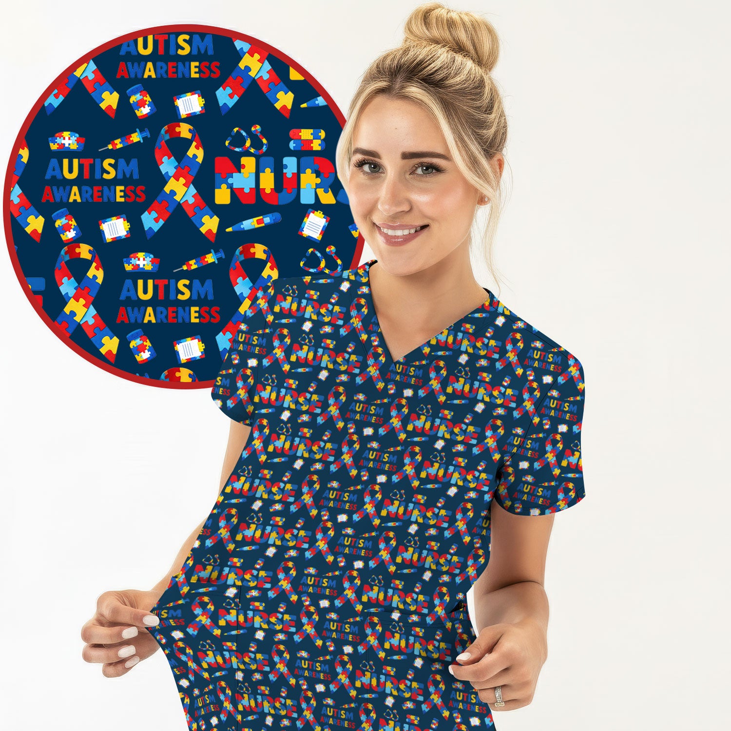 Autism Awareness Nurse Puzzle Ribbon Print Scrubs, Comfortable Scrubs for Nurses