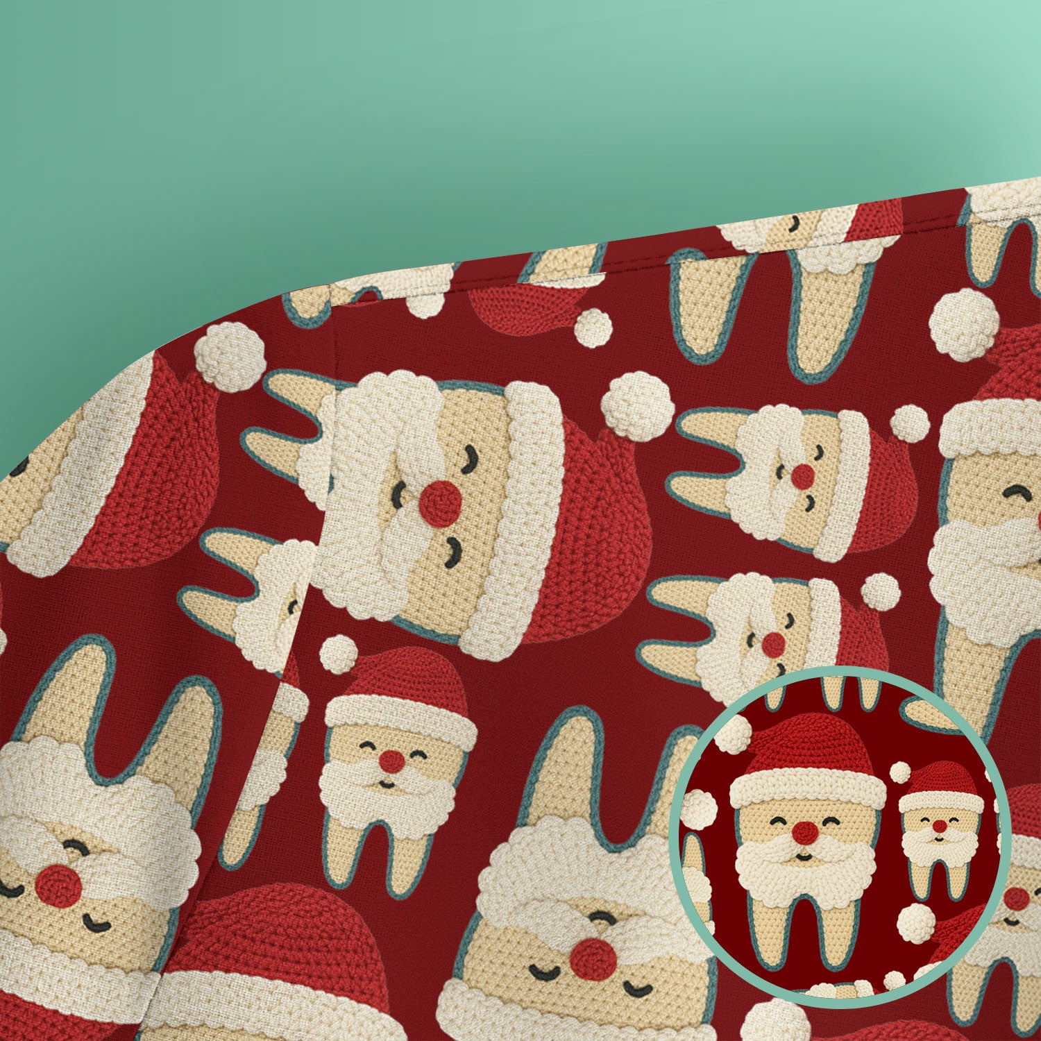 Christmas Tooth Scrub Top - Cute Santa Tooth Pattern for Dentists & Hygienists - Crochet Style Holiday Medical Uniform for Women