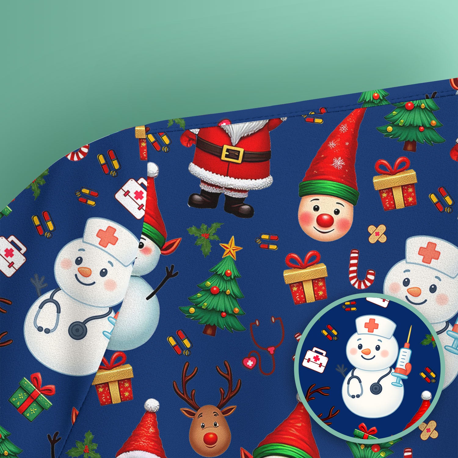 Christmas Scrub Top for Nurses - Cute Snowman Reindeer Santa Pattern - Holiday Medical Uniform RN CNA LPN Gift