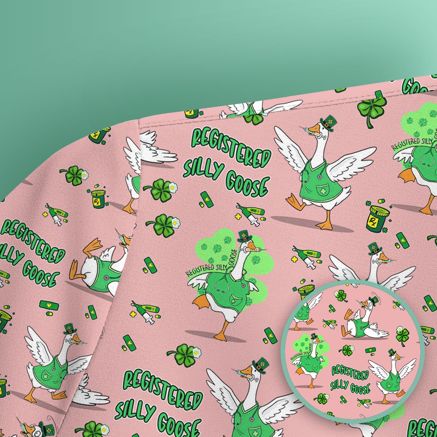 Silly Goose St. Patrick’s Day Scrub Top, Funny Goose Shamrock Pattern Nurse Scrub Shirt, Irish Green Nursing Uniform