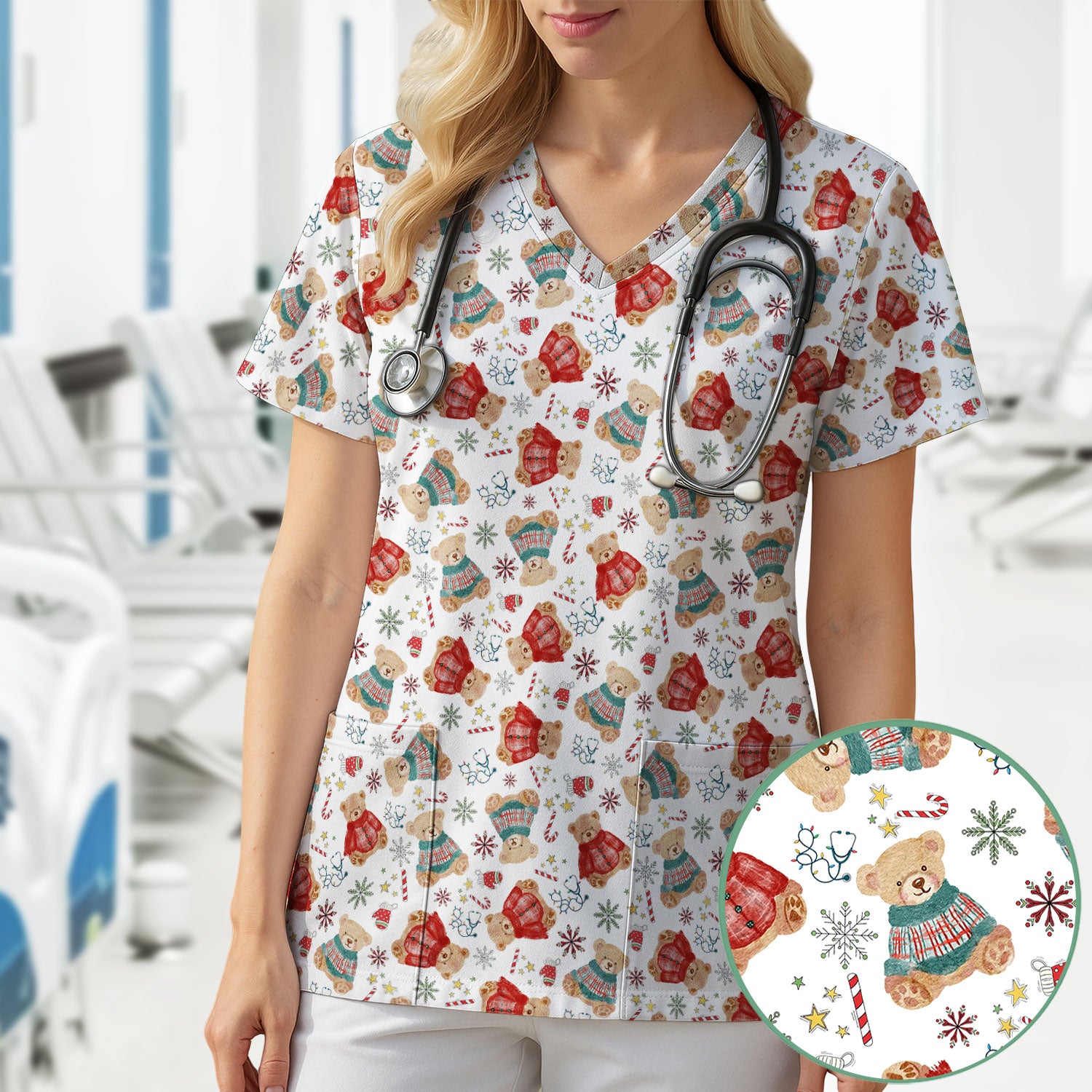 Funny Christmas Scrub Shirt - Cute Bear Winter Print Scrubs - Holiday Medical Scrub Top Gift for Women, Men, CNA RN, Doctor Nurse Christmas Outfit