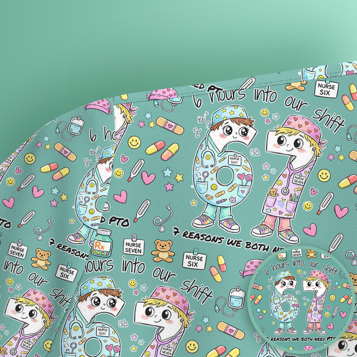 Cartoon Characters Six Hours Into Shift With Medical Doodle Scrub Top, Breathable Fabrics Nursing Uniform