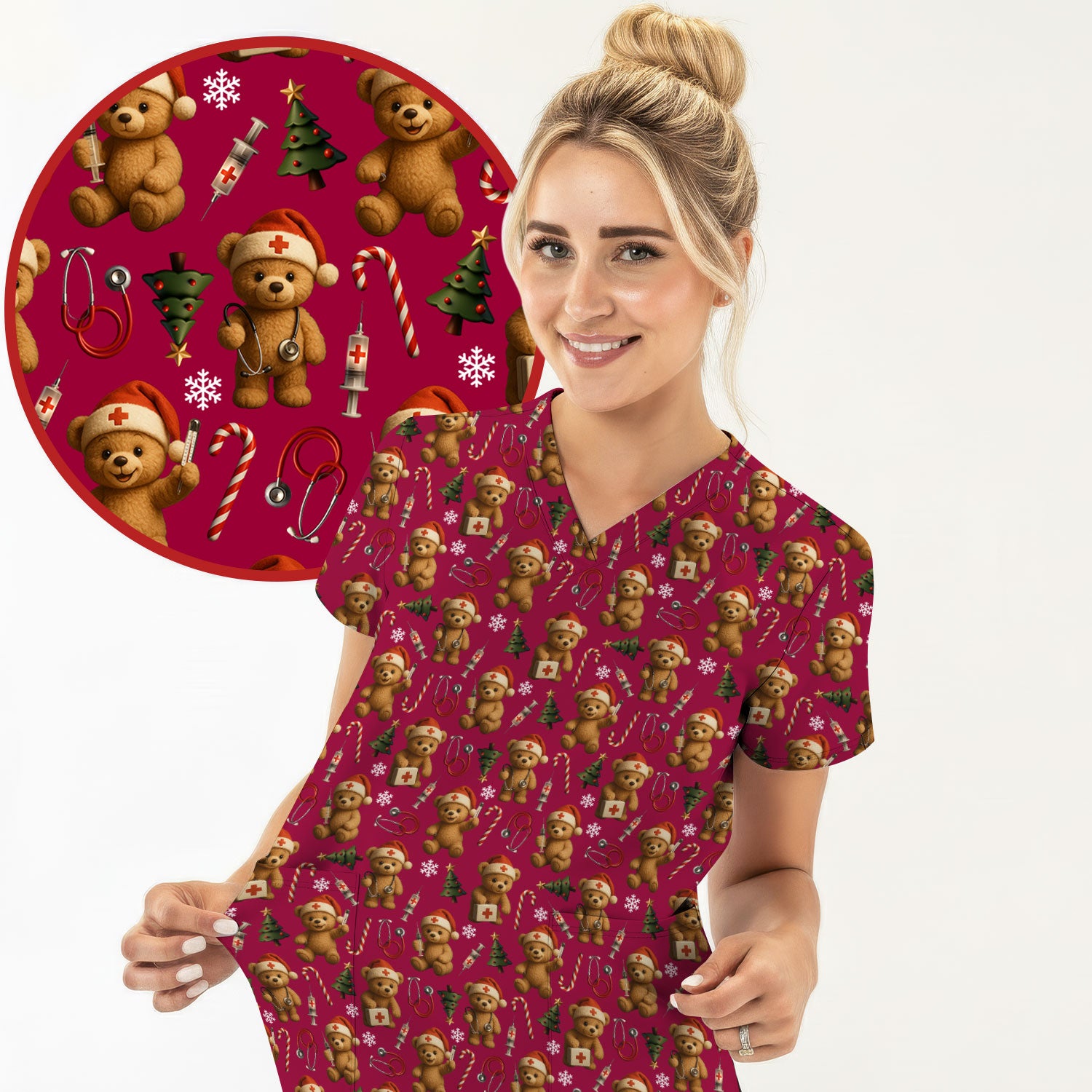 Teddy Bear Christmas Scrubs for Women - Cute Nurse Bear Pattern Medical Scrub Top - Holiday Christmas Scrubs with Fun Festive Design