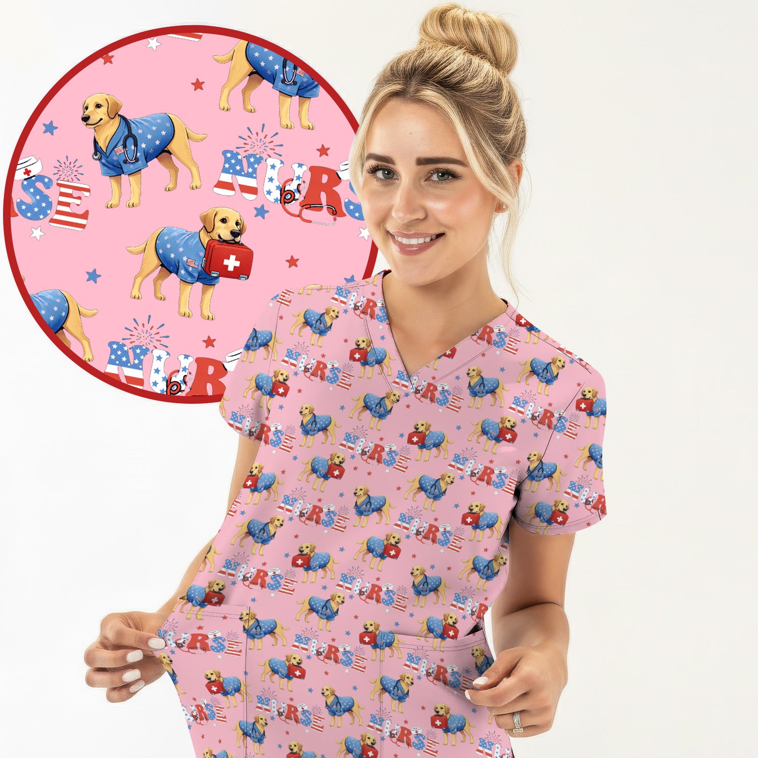 Patriotic Nurse Dog Medical Pattern Scrub Top, Breathable Fabrics Nursing Uniform