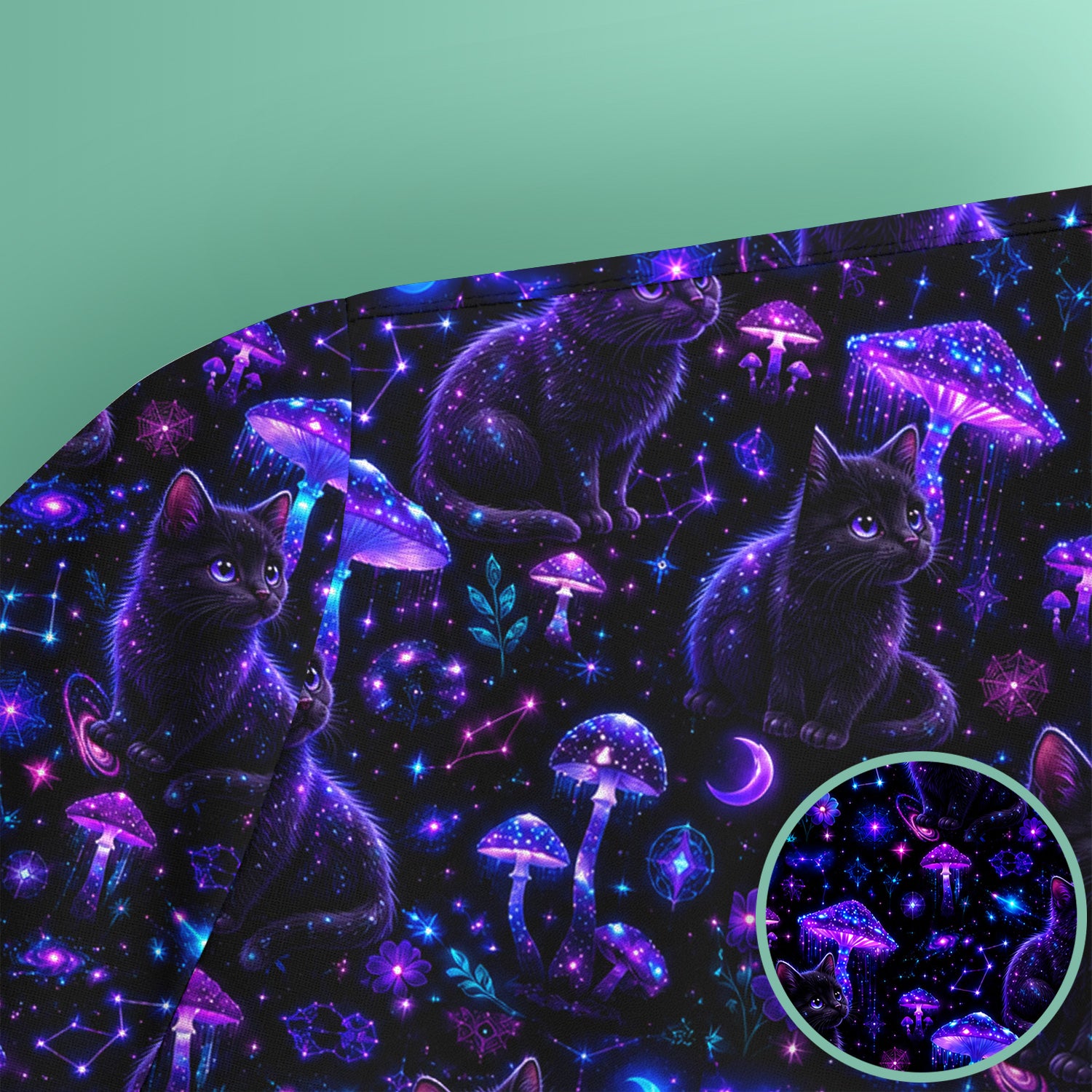 Mystical Black Cat Neon Mushroom Print Scrub Top, Comfortable Scrubs for Nurses