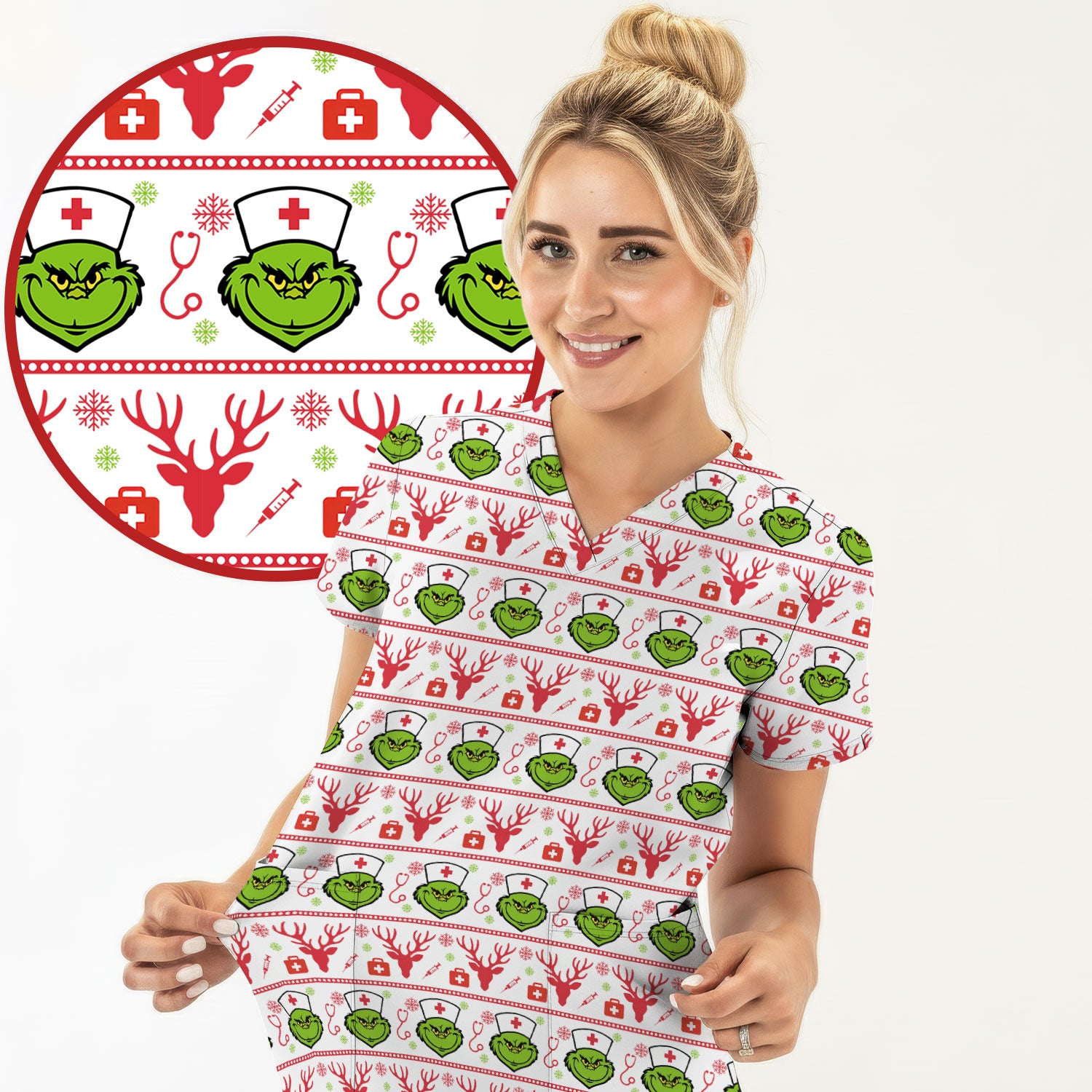 Funny Grinch Nurse Scrubs Top - Ugly Christmas Sweater Style Scrub Shirt - Holiday Nursing Workwear for Women