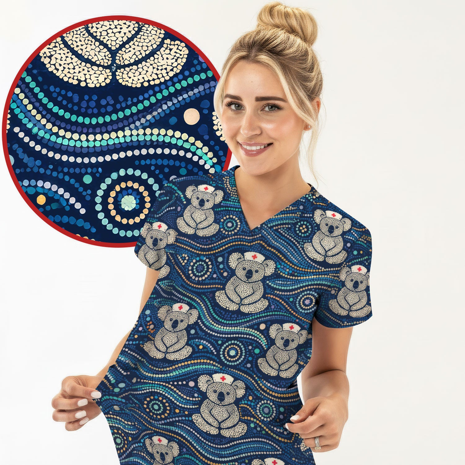 Koala Pattern Nurse Scrub Top, Aboriginal Dot Art Medical Shirt For Women, Breathable Fabrics Nursing Uniform