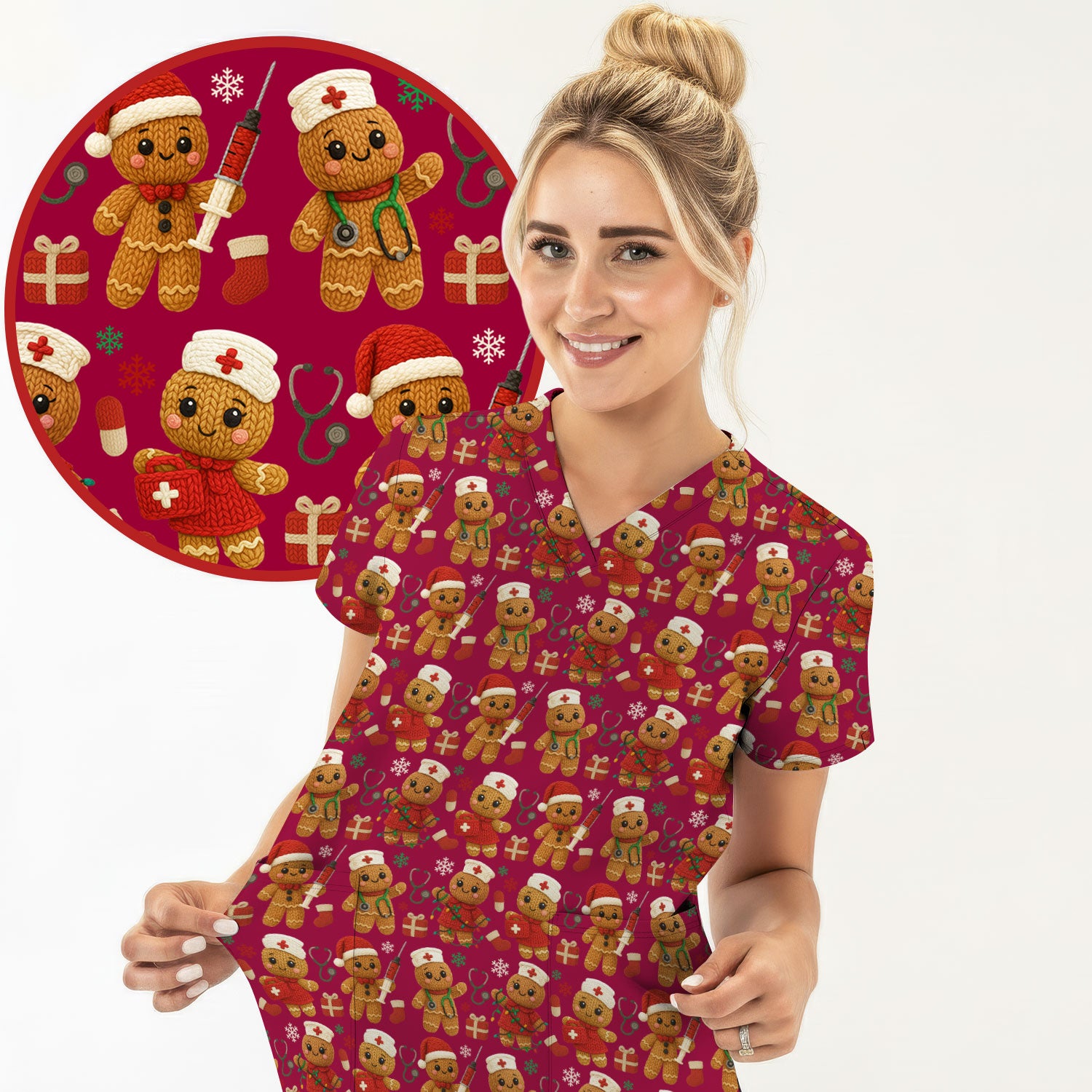 Christmas Scrub Tops for Women - Cute Gingerbread Nurse Pattern Medical Scrub Shirt - Festive Holiday Christmas Scrubs with Adorable Design