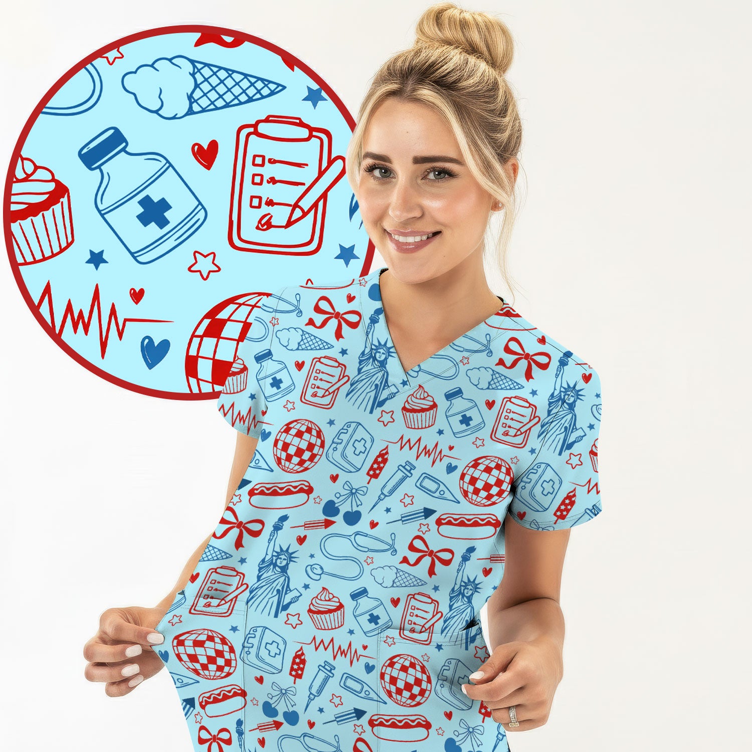 Patriotic Nurse Medical Icons Pattern Scrub Top, Breathable Fabrics Nursing Uniform