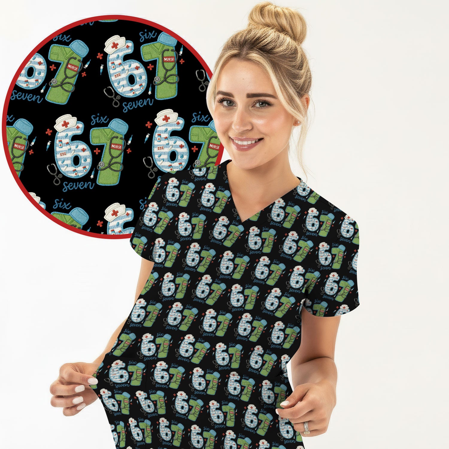 Nurse Six Seven Pattern Scrub Top, Cute Medical Number Print Shirt for Nursing Professionals