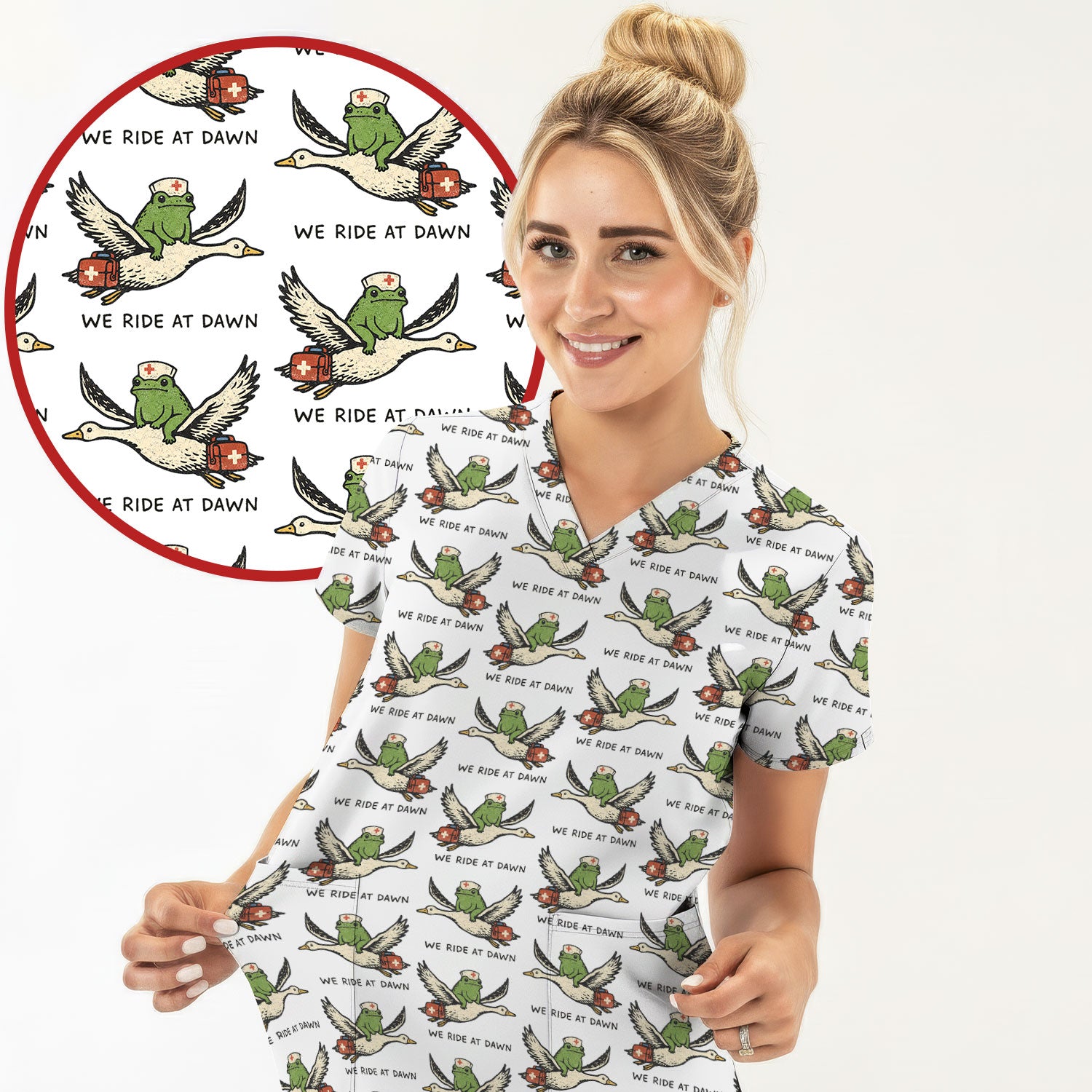 Funny Frog Riding Goose Nurse Pattern Scrub Top, Comfortable Scrubs for Nurses