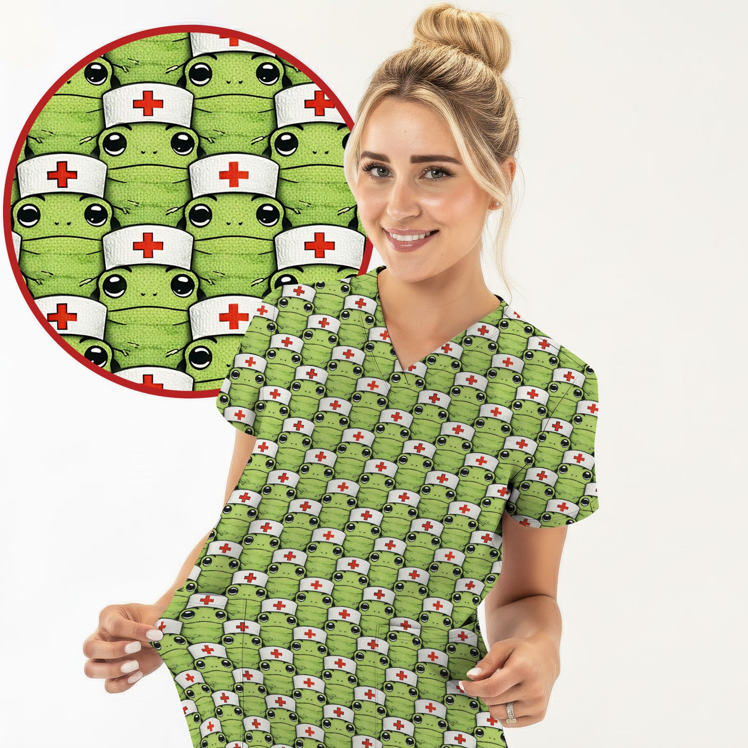 Funny Green Nurse Frog Scrub Top, Comfortable Scrubs for Nurses