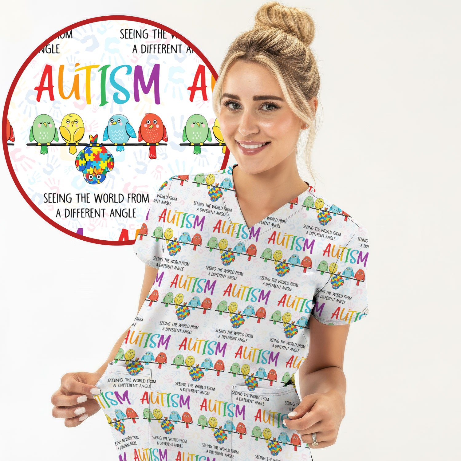 Autism Seeing The World From A Different Angle Birds Scrub Top ,Comfortable Scrubs for Nurses