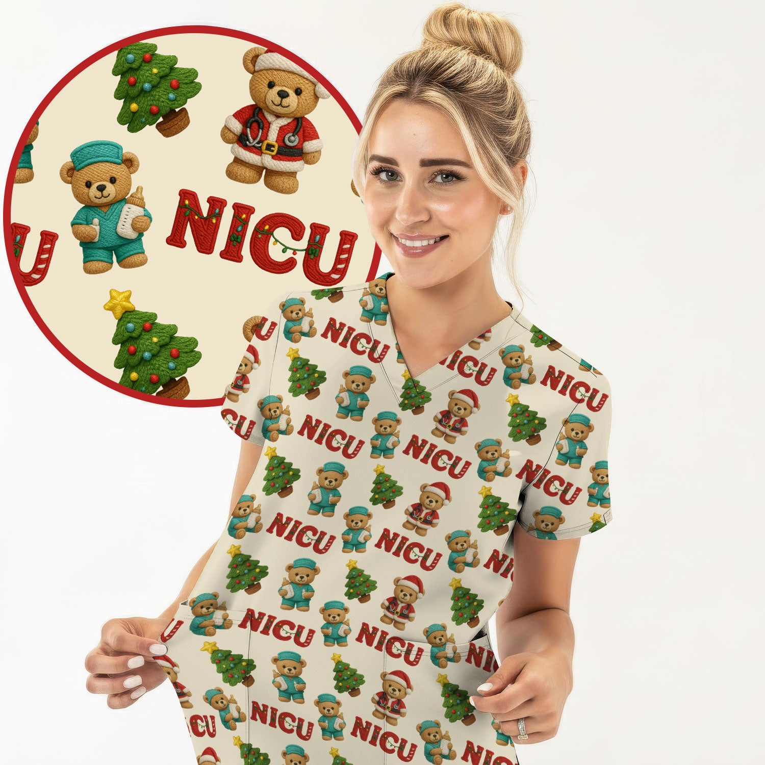 Festive Christmas NICU Nurse Teddy Bear Pattern, Breathable Fabrics Nursing Uniform
