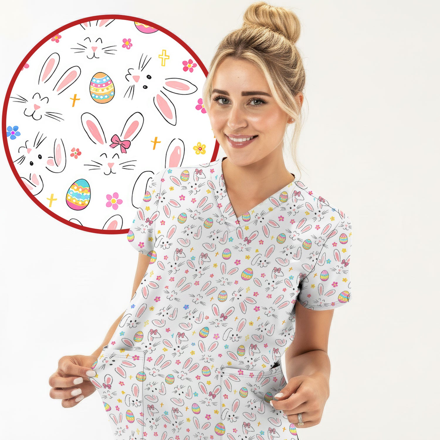 Easter Bunny Faces And Pastel Egg Print Scrub Top, Comfortable Scrubs for Nurses