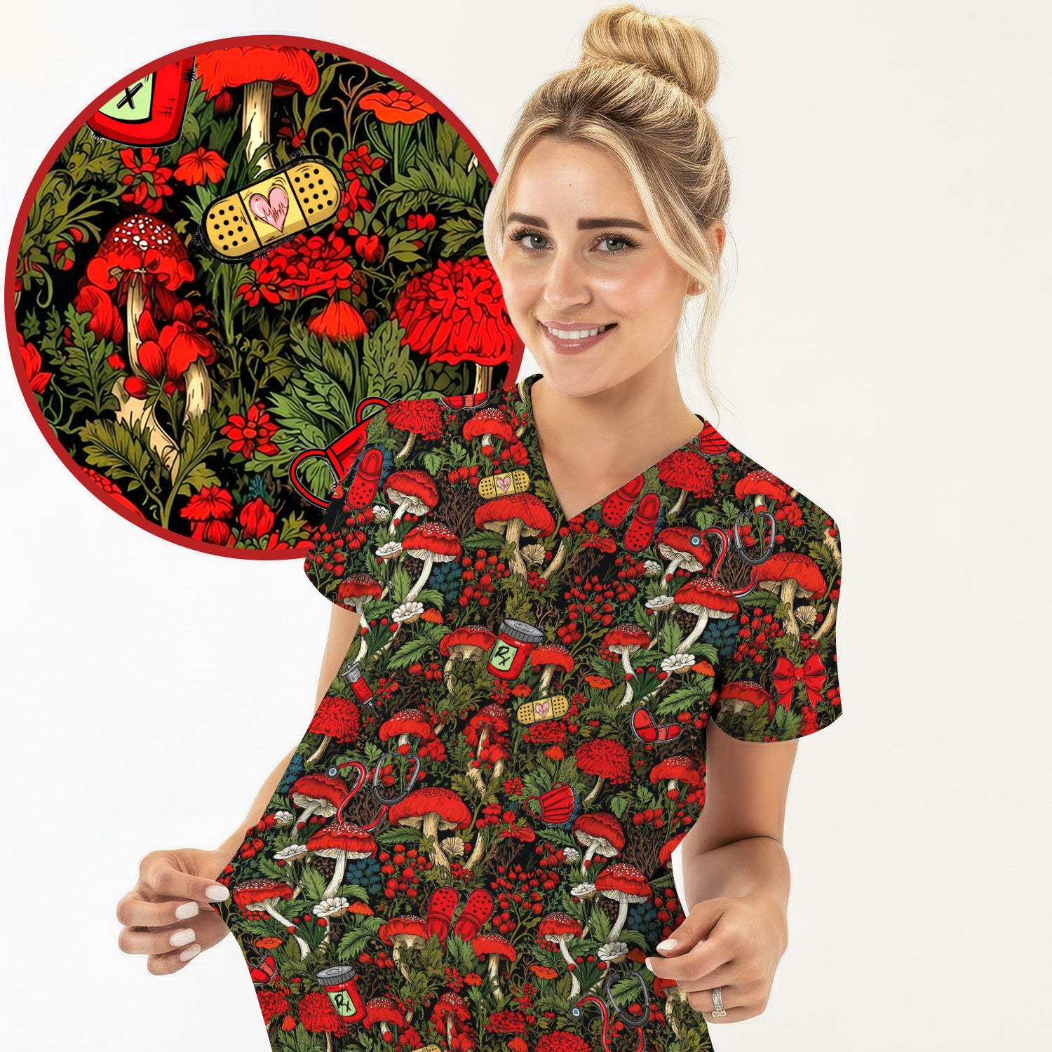 Red Mushroom Medical Forest Pattern Scrub Top, Comfortable Scrubs for Nurses