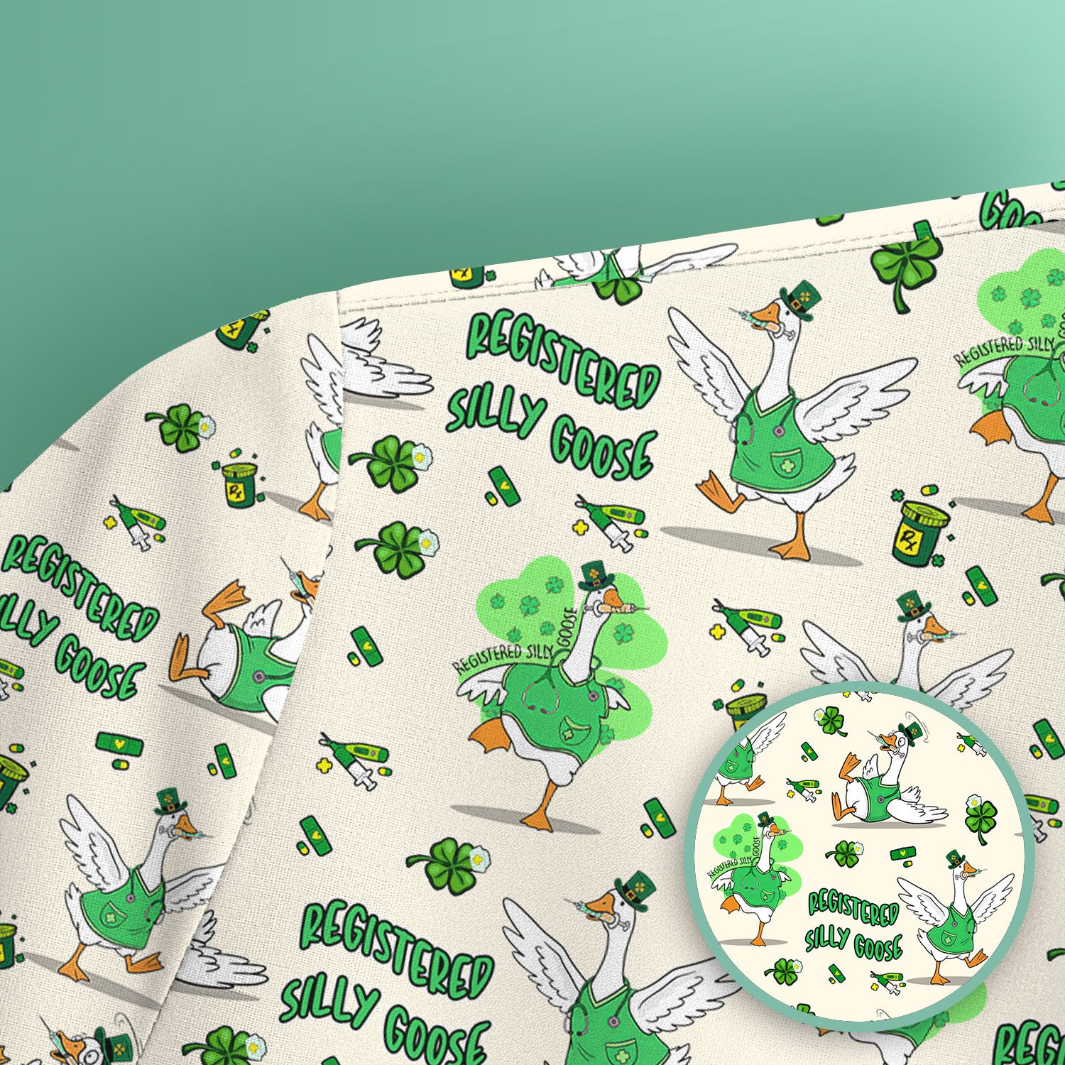 Silly Goose St. Patrick’s Day Scrub Top, Funny Goose Shamrock Pattern Nurse Scrub Shirt, Irish Green Nursing Uniform