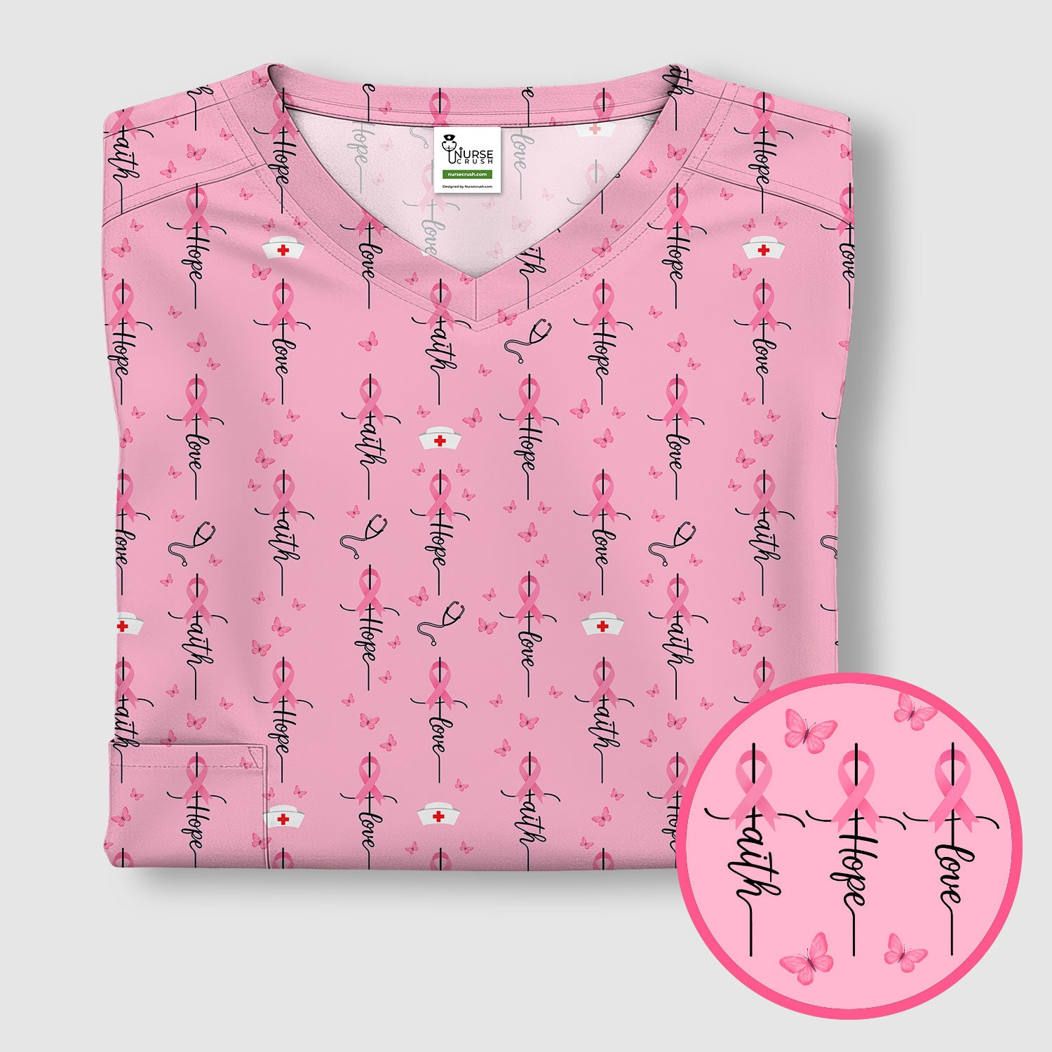 Breast Cancer Awareness Scrub Top Multi Color - Faith Hope Love Pink Ribbon Nursing Shirt - Supportive Nurse Workwear