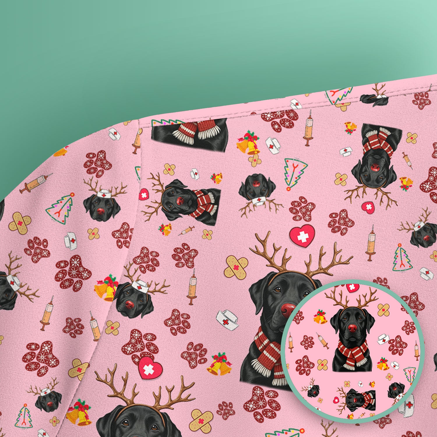 Black Lab Christmas Scrub Top - Funny Labrador Nurse Shirt - Cute Holiday Medical Uniform for Women RN LPN CNA Gift