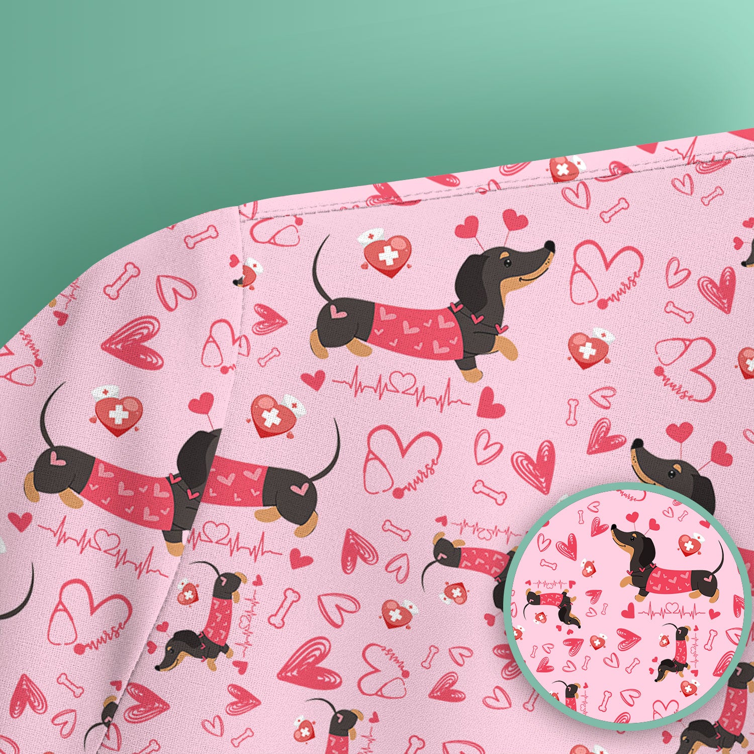 Dachshund Valentine Scrub Top, Cute Wiener Dog Heart Pattern Nurse Shirt, Breathable Fabrics Nursing Uniform