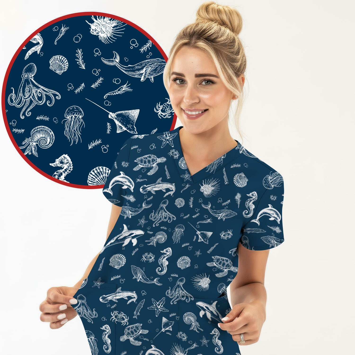 Marine Sea Life Pattern Scrub Top, Breathable Fabrics Nursing Uniform