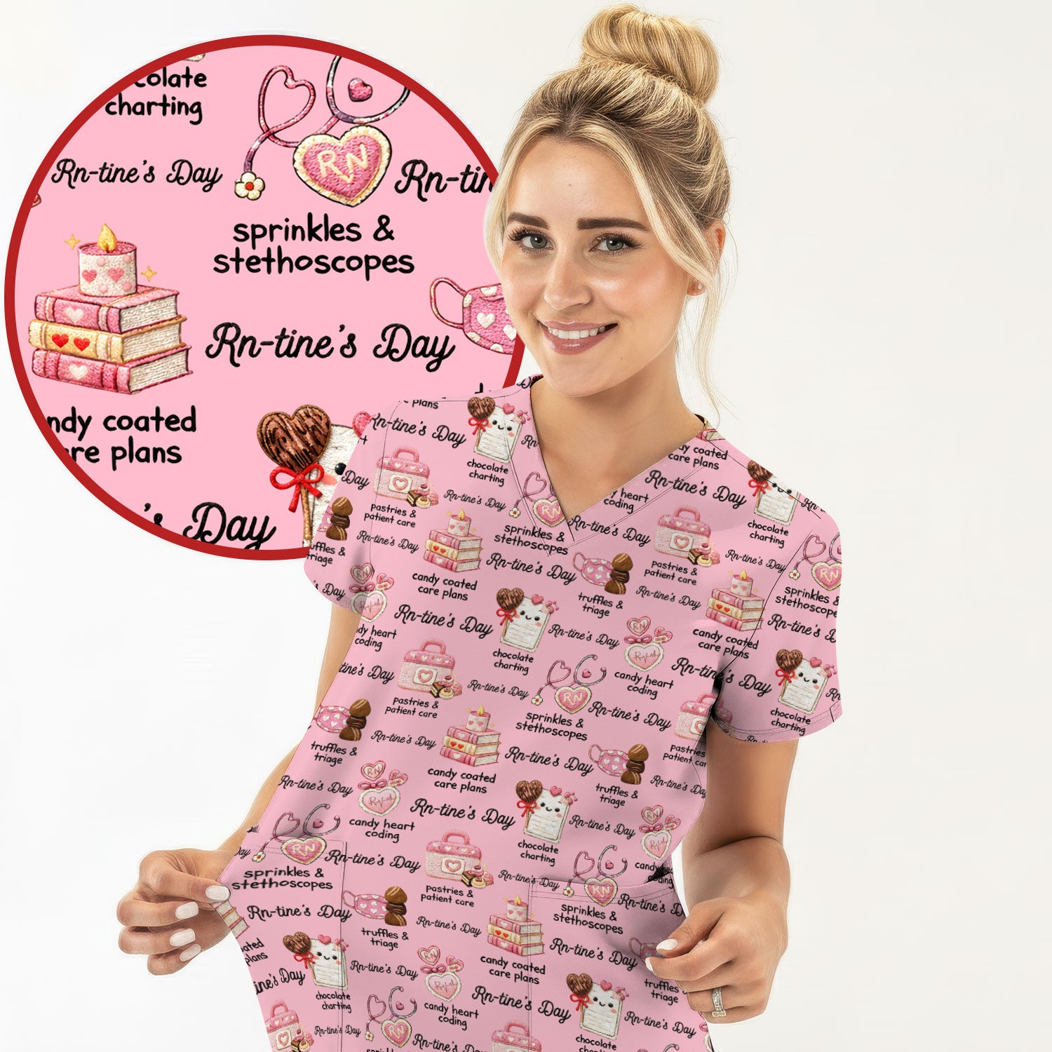 RN Sweets Valentine Stethoscope Scrub Top, Breathable Fabrics Nursing Uniform