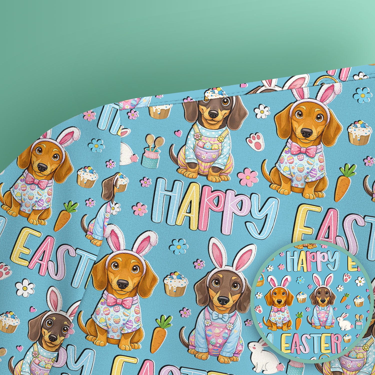 Happy Easter Dachshund Bunny Print Scrub Top, Comfortable Scrubs for Nurses