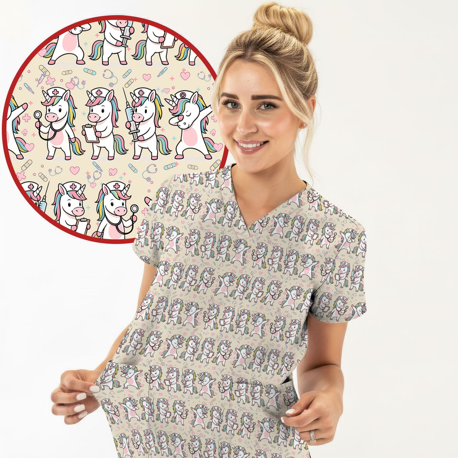 Cute Unicorn Nurse Scrub Top, Playful Medical Cartoon Nursing Shirt, Breathable Fabrics Nurse Uniform