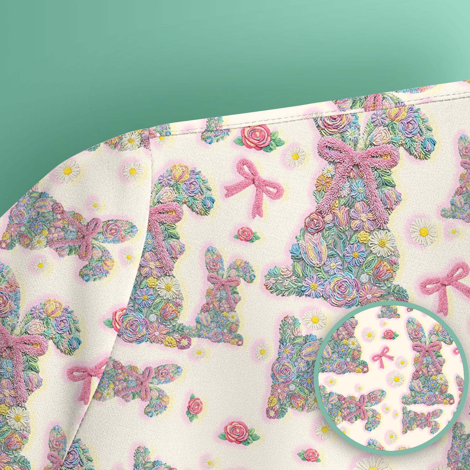 Colorful Floral Bunny with Pink Bow Pattern Scrub Top, Breathable Fabrics Nursing Uniform, Easter