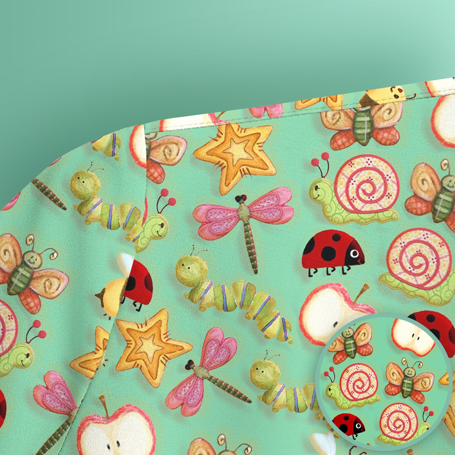 Cute Nurse Snail Ladybug Caterpillar Apple Garden Pattern Scrub Top, Breathable Fabrics Nursing Uniform