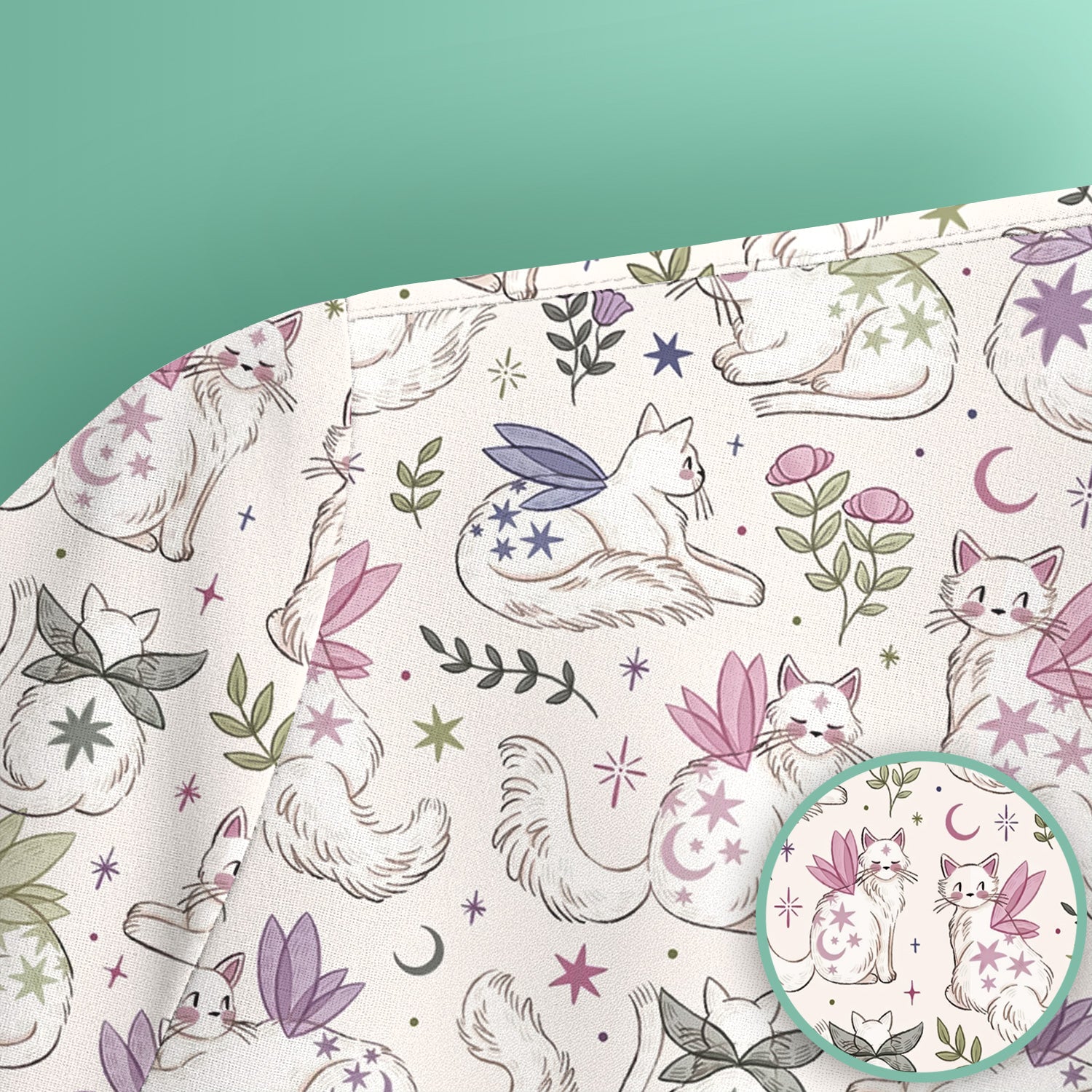 Cute Fairy Cat Moon Star Floral Pattern Scrub Top, Comfortable Scrubs for Nurses