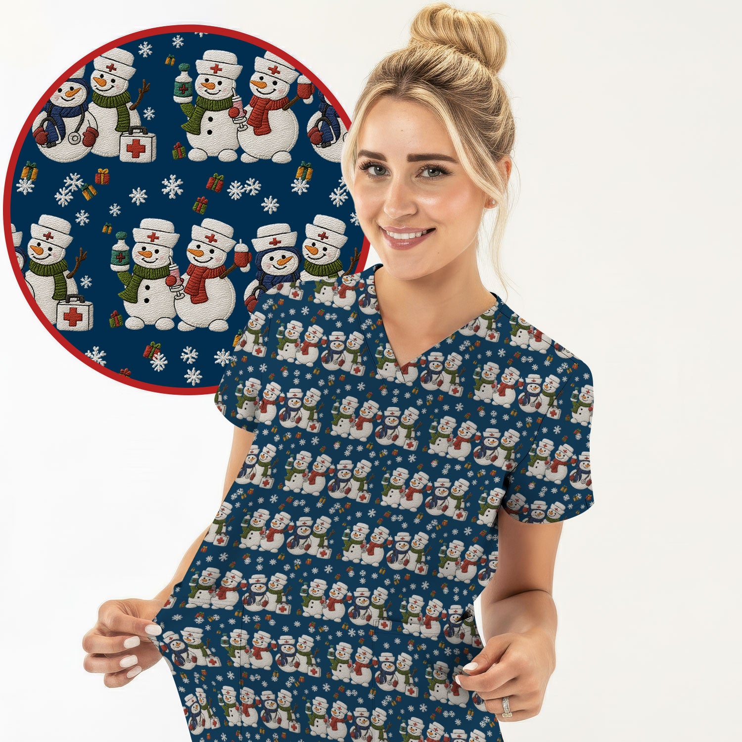 Cute Christmas Snowman Nurse Pattern Scrub Top, Breathable Fabrics Nursing Uniform
