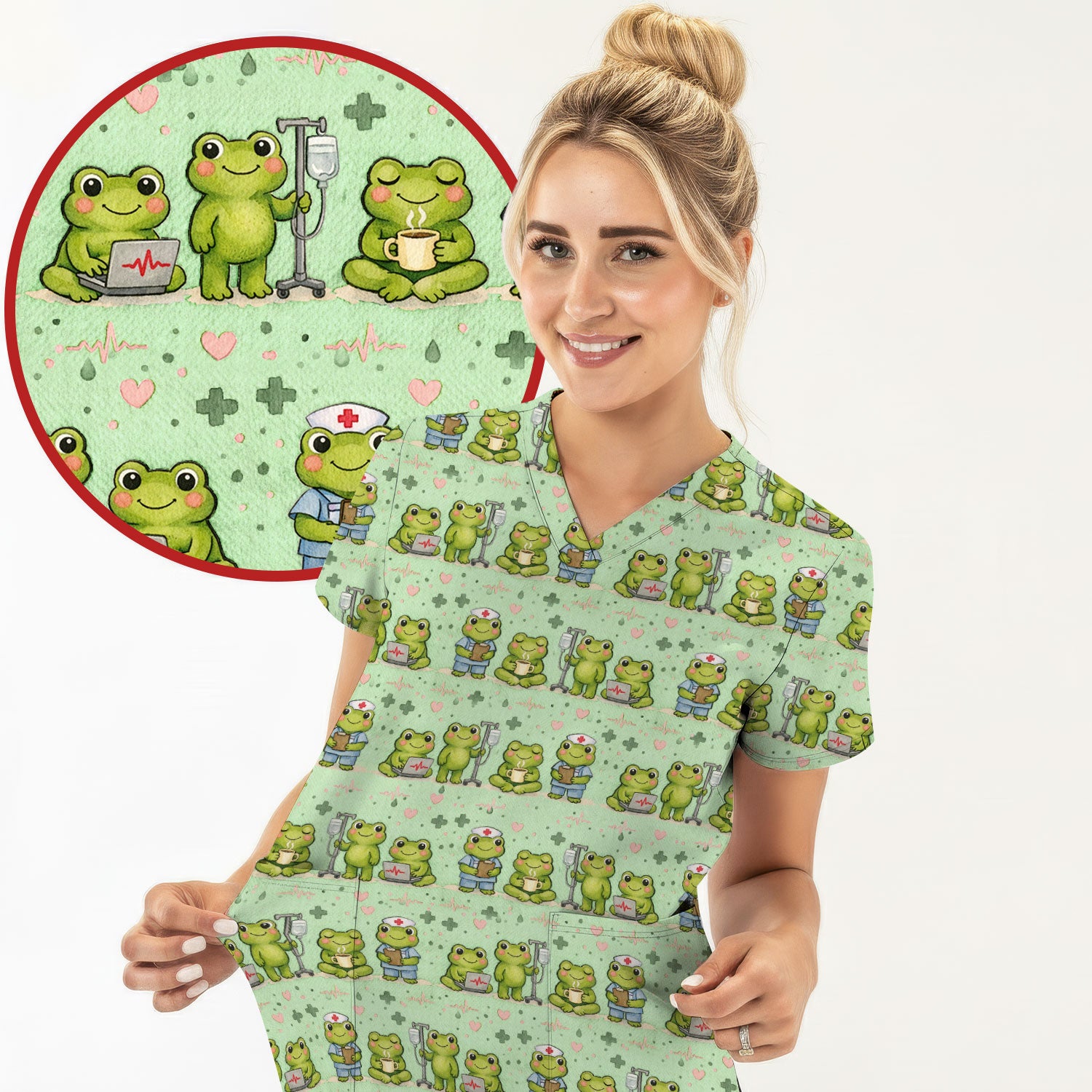 Adorable Frog Nurse Various Poses Print Scrub Top, Comfortable Scrubs for Nurses