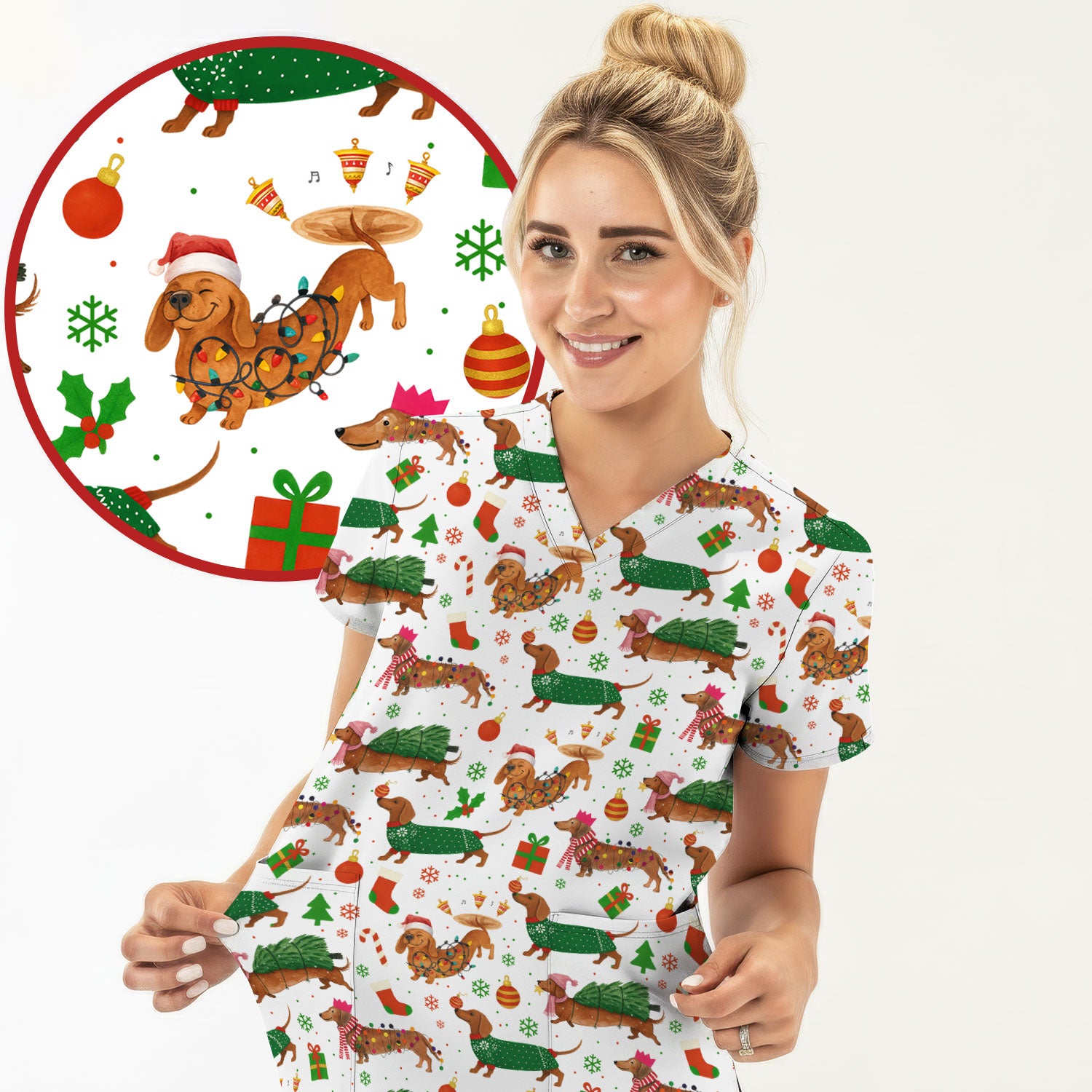 Christmas Dachshund Scrub Top - Funny Dog Scrub Shirt Multi Color - Holiday Medical Scrubs Gift for Nurse, CNA, RN, Doctor, Vet