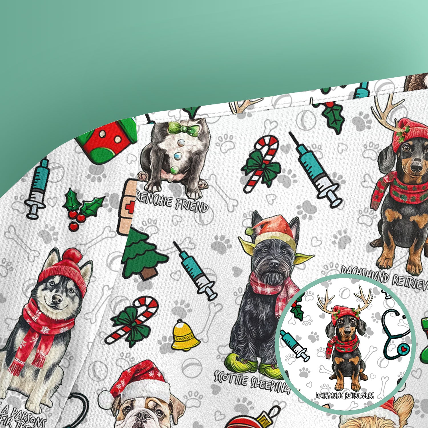 Cute Christmas Dog Scrubs for Nurses - Corgi, Dachshund, Husky, Poodle & Labrador - Funny Holiday Medical Scrub Top for Women