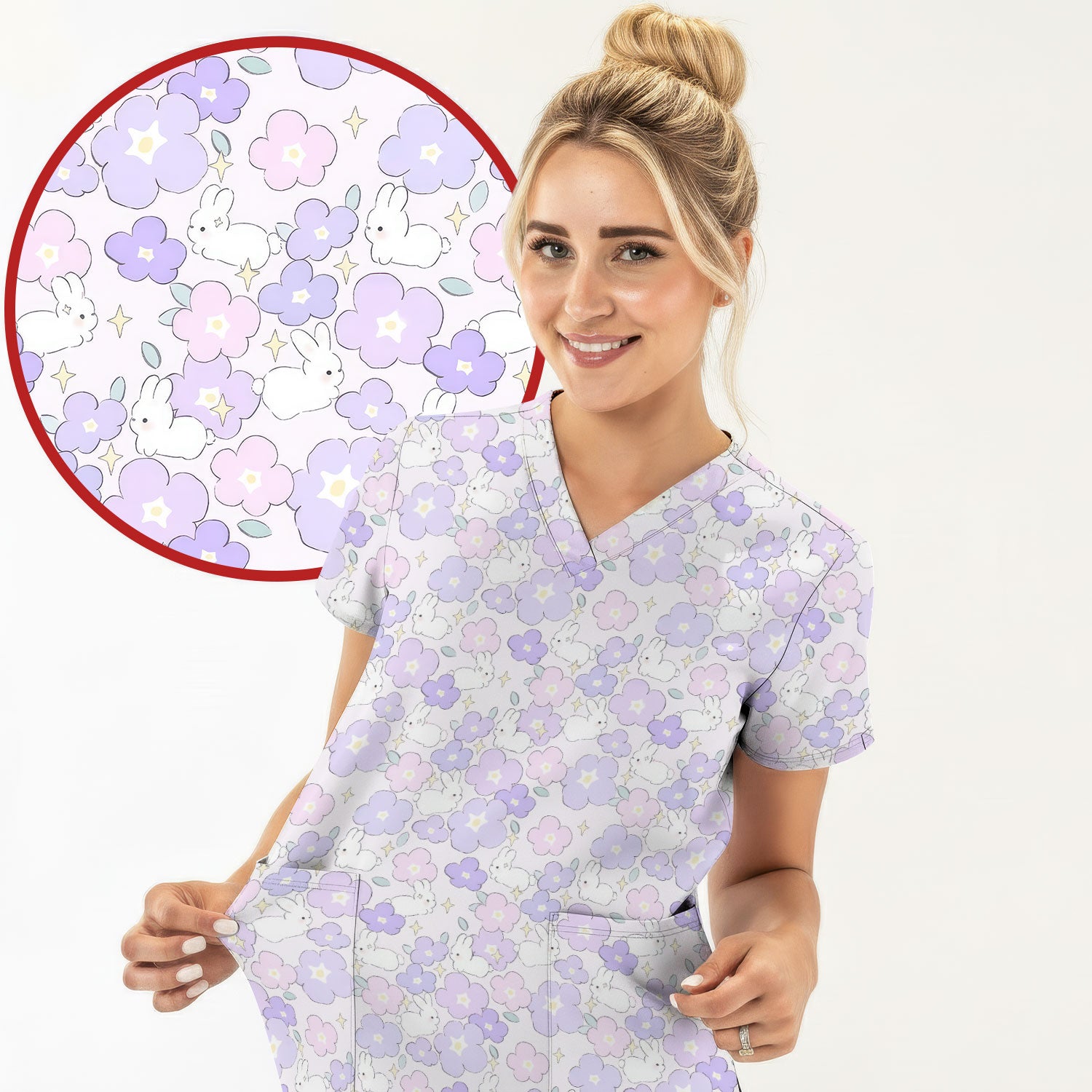 Cute Bunny Floral Pastel Pattern Scrub Top, Breathable Fabrics Nursing Uniform
